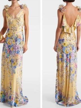 CAMILLA Bias Floral Frill Rosette Yellow Slip Dress Size Medium